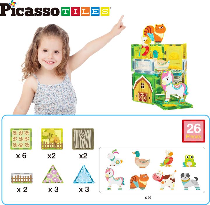 Productafbeelding PicassoTiles Picasso Tiles - Farm themed set with 8 animals (26 pcs) (PTQ27)