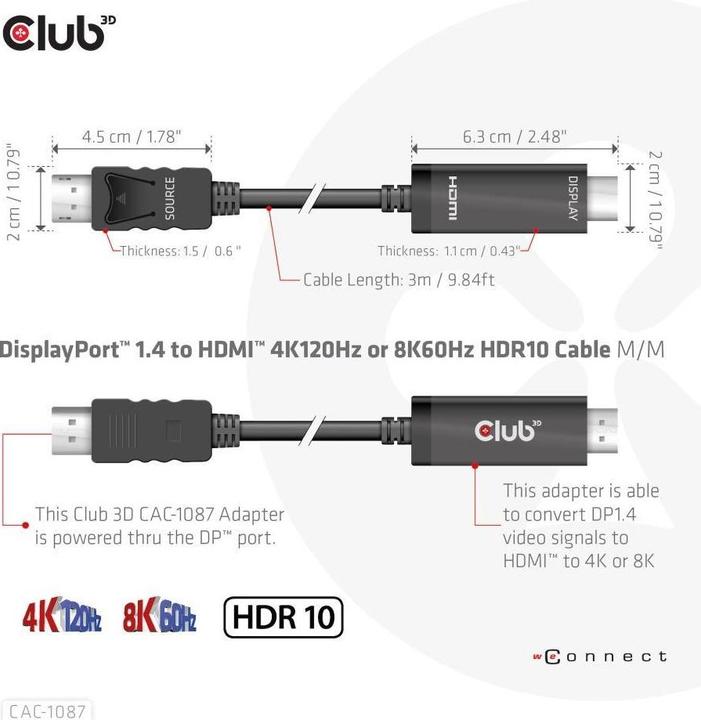 Produktbild Club 3D HDMI (Typ A) — DisplayPort (3 m)