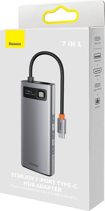 Actual product image Baseus Metal Gleam Series 7-in-1 Multifunctional Type-C HUB Docking Station Gray Type-C to HDMI*2+USB3.0*3 (USB-C, 100 Ports)