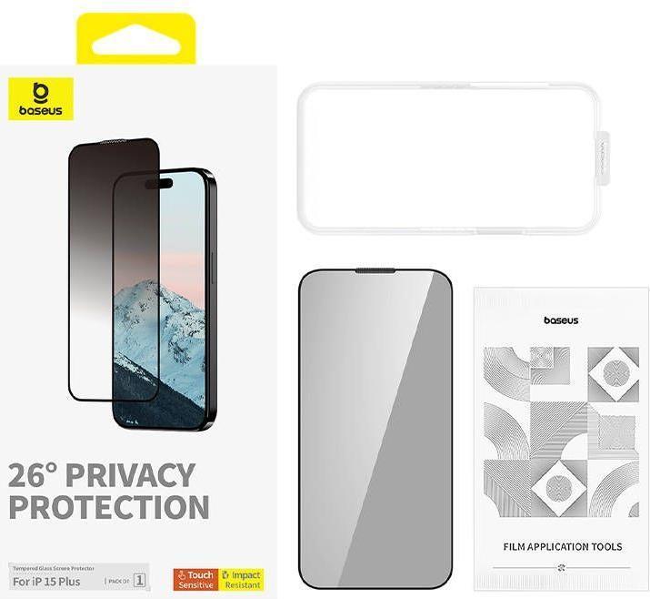 Actual product image Baseus Privacy Protection Tempered Glass Diamond iPhone 15 Plus (1 pcs., Apple iPhone 15 Plus)