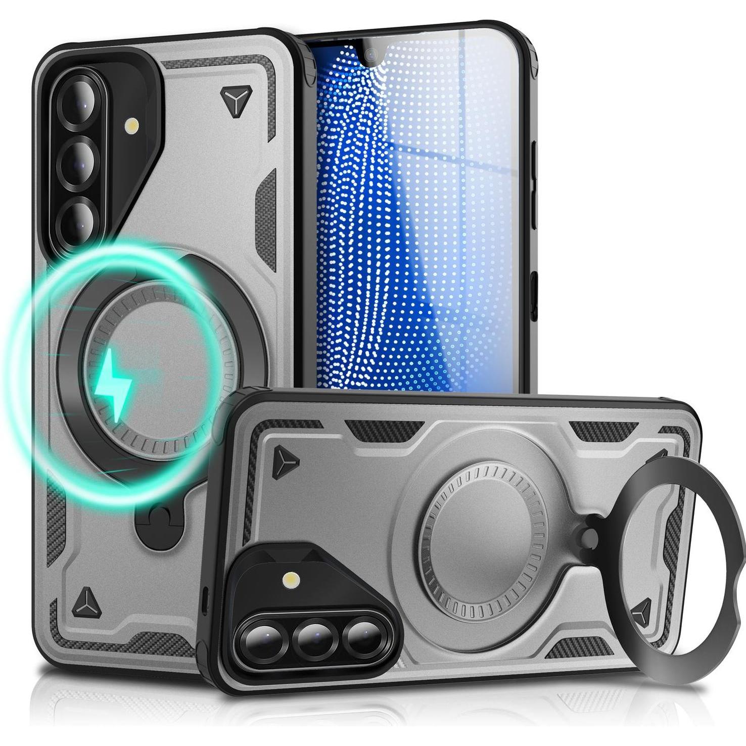 Nalia Stormguard - Stabile Panzer Hülle mit MagSafe & 360-Grad Ringhalter - Military Cover (Samsung Galaxy A26), Cover smartphone, Argento