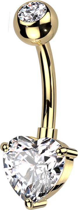 Star Piercing Banane dorée avec boule dorée en cristal argenté et grand coeur en cristal argenté (Laiton, Titane)