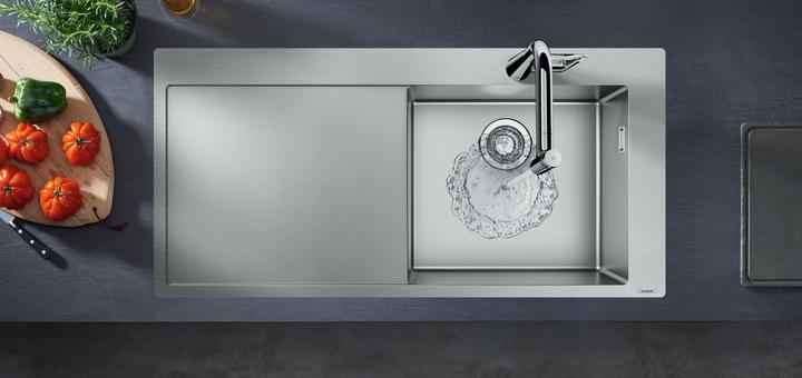Actual product image hansgrohe Fitted sink 450 with drainer on the left (Top-mounted sink, 51 cm, 104.50 cm)
