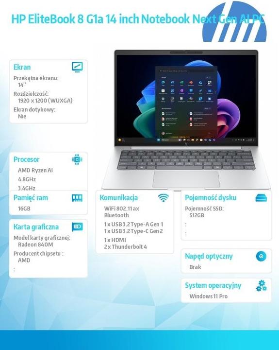 Produktbild HP EliteBook 8 G1a 14 inch Notebook Next Gen AI PC (14", 512 GB, 16 GB, DE, AMD Athlon II P340)
