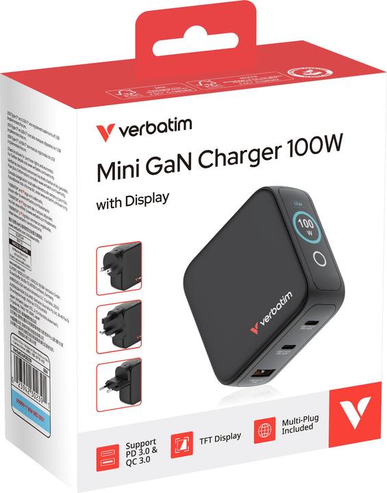 Produktbild Verbatim Mini GaN Charger 3 Port 100W w Display (EU/UK/US) (100 W, 3 Ports)