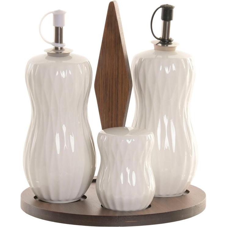 Esprit, Oliera + Acetiera, Öl- und Essig-Set Home Weiss Dunkelbraun Bambus Porzellan 17 x 17 x 19 cm