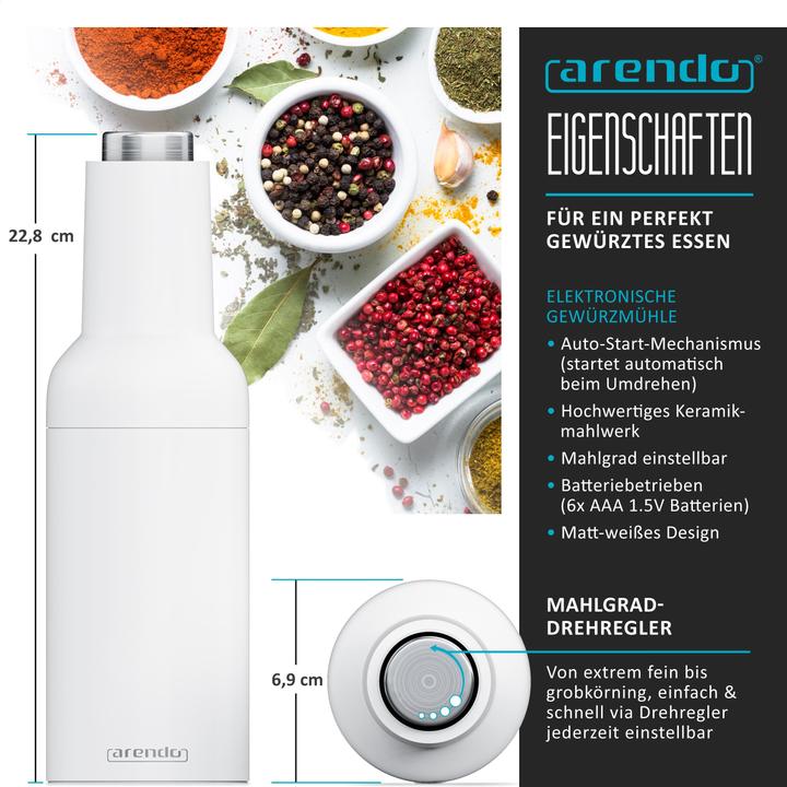 Produktbild Arendo Salz und Pfeffermühle elektrisch, Salzmühle & Pfeffermühle 2er Set, einhändig, Batteriebetrieben (Pfeffer, Salz)