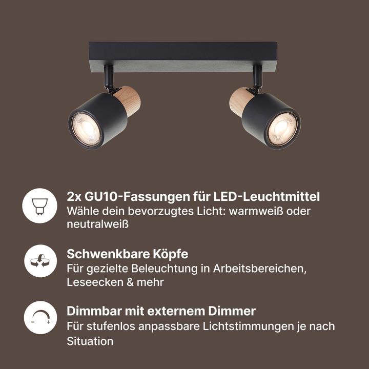 Image du produit Brilliant Spot de plafond Pini barre de spots, 2x GU10, 58 cm, orientable, métal/bois, noir/marron (GU10)