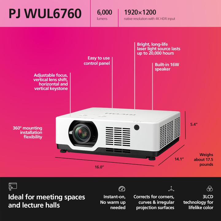 Productafbeelding RICOH PJ WUL6760 30-300p WUXGA (WUXGA, 6000 lm, 1.2 - 2:1)