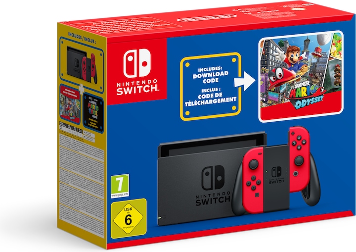 Image du produit Nintendo Switch Rouge + Code de téléchargement Super Mario Odyssey + Autocollant du film Super Mario Bros.