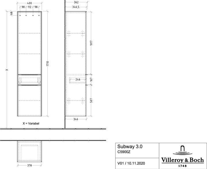 Actual product image Villeroy & Boch Subway 3.0, tall unit, 2 doors stop (hinge) left and 1 drawer, C59002
