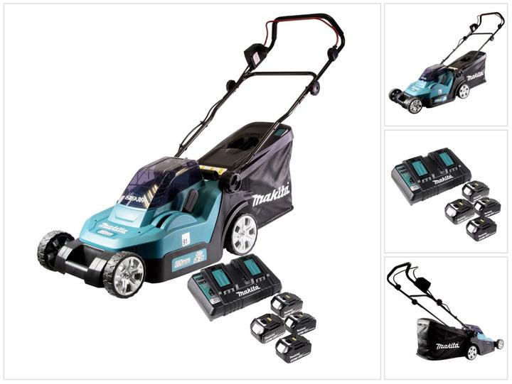 Actual product image Makita DLM 432 PF4 Battery Lawn Mower 36 V ( 2x 18 V ) 43 cm Brushless + 4x Battery 3.0 Ah + Double (Rechargeable battery operated)