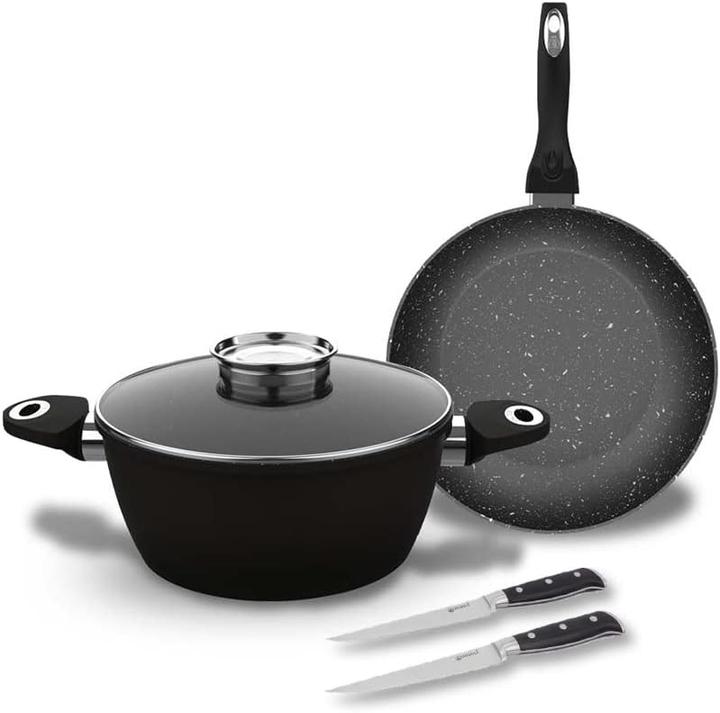 Laguiole 3Piece NonStick Coating Set Black Ston Induction 2 Steak Knives Black 25 cm (Frying pan, Aluminium)