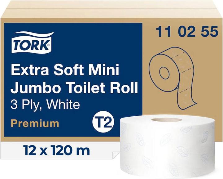 Produktbild Tork Toilettenpapier Mini Jumbo 3-lagig Papier weiss 600 Bl./Rl. 12 Rl./Pack. (12 x)