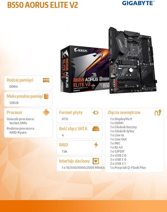 Actual product image Gigabyte B550 AORUS Elite V2 (AM4, AMD B550, ATX)