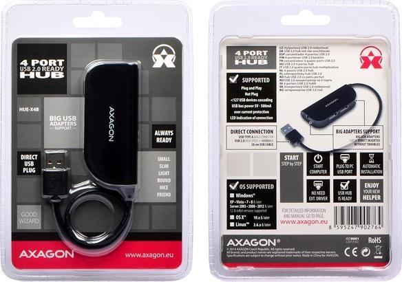 Actual product image Axagon HUE-X4B - USB 2.0 - USB 2.0 - 480 Mbit/s - Black - 0.2 m - USB (USB-A, 4 ports)