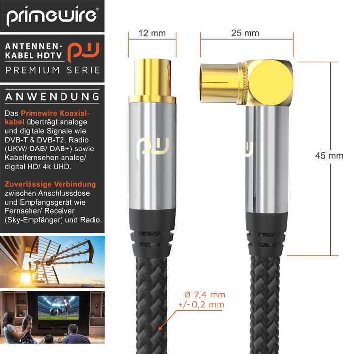 Primewire Antennenkabel gewinkelt mit Braiding, Koaxialkabel 75 Ohm HDTV, Radio, DVB-T2 TV Antennen Kabel (135 dB, Antennenkabel)