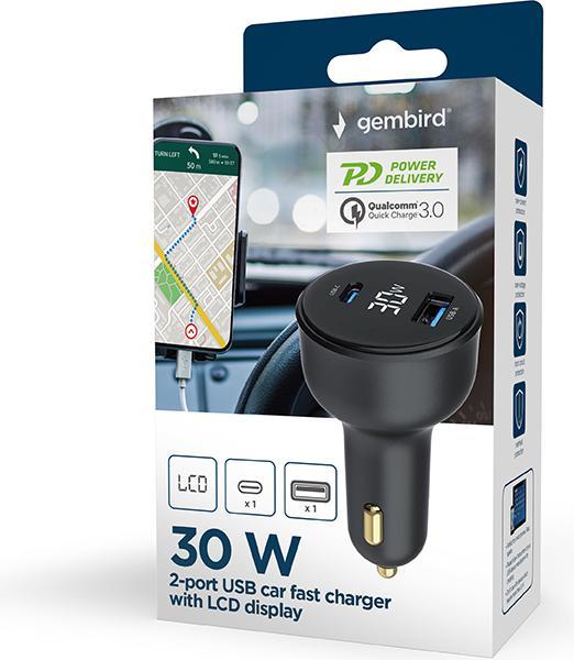 Image du produit Gembird Chargeur Allume Cigare 1x USB-C + 1x USB-A 30W (Noir)