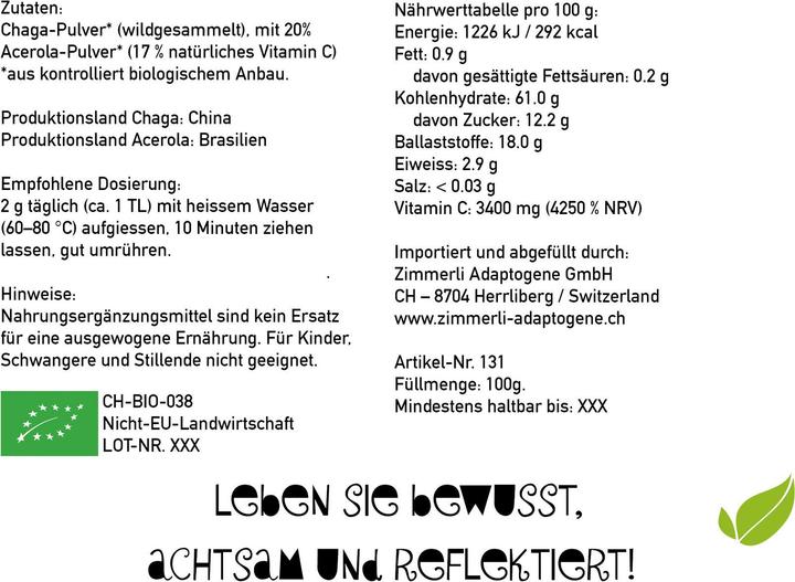 Immagine prodotto Zimmerli Adaptogene Polvere di Chaga (BIO) (1 Pezzo/i, Polvere, 100 g)