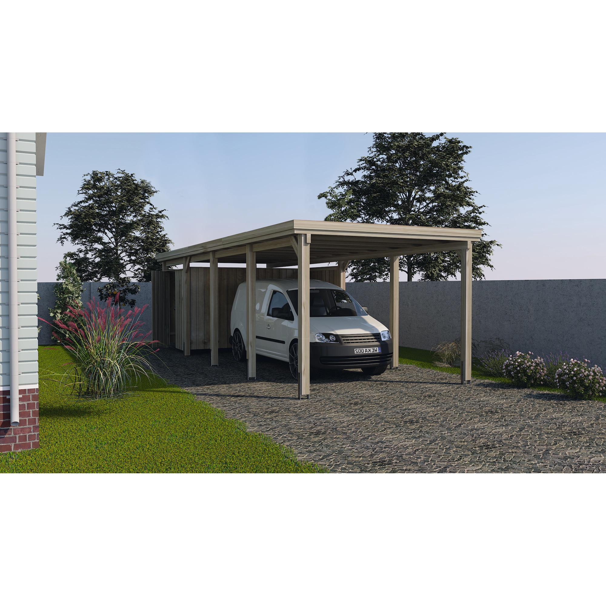 Weka Holzbau, Carport + Garage, Flachdach Einzelcarport 617 Gr.3 mit Trapezblech-Dach