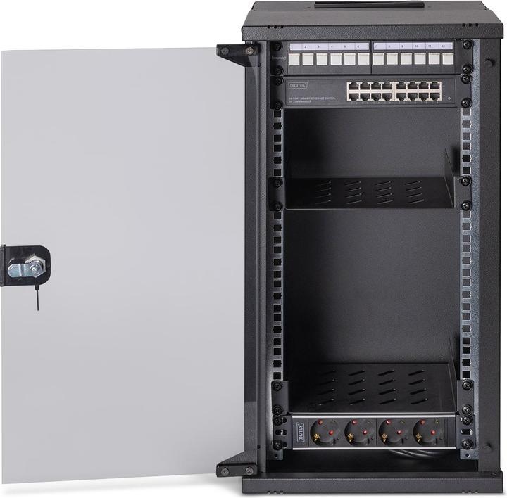 Actual product image Digitus 10" network set, 12U wall-mounted housing and accessories, black SOHO PRO version (12 RU, 10 inch rack)
