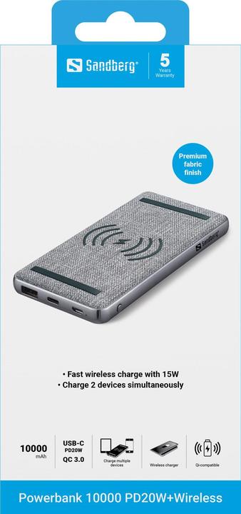 Produktbild Sandberg 10000 PD20W+Wireless (10000 mAh, 20 W, 37 Wh)