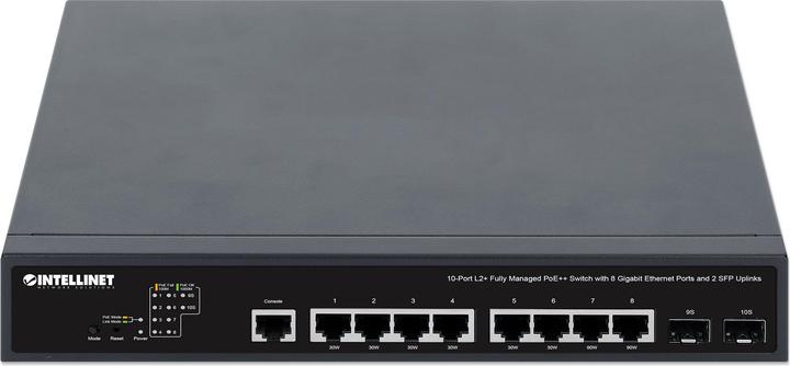 Actual product image Intellinet 10-port L2+ Fully Managed PoE++ switch with 8 Gigabit ports and 2 SFP uplinks 242 W PoE-Le (10 ports)
