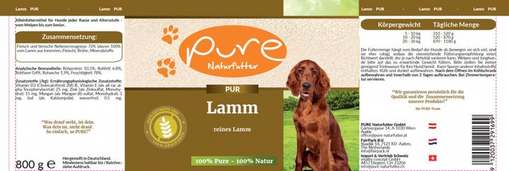 Valeurs nutritives et ingrédients Pure Naturfutter Menu pour chien Boîte de viande PUR agneau (Senior, Adulte, Junior, 1 pcs, 800 g)