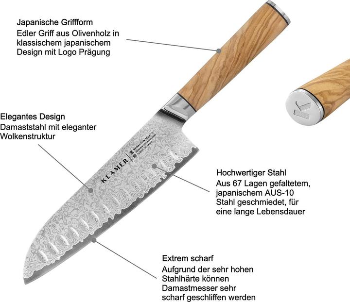 Image du produit KLAMER Santoku Damastmesser Olive 18 cm Kochmesser (18 cm)