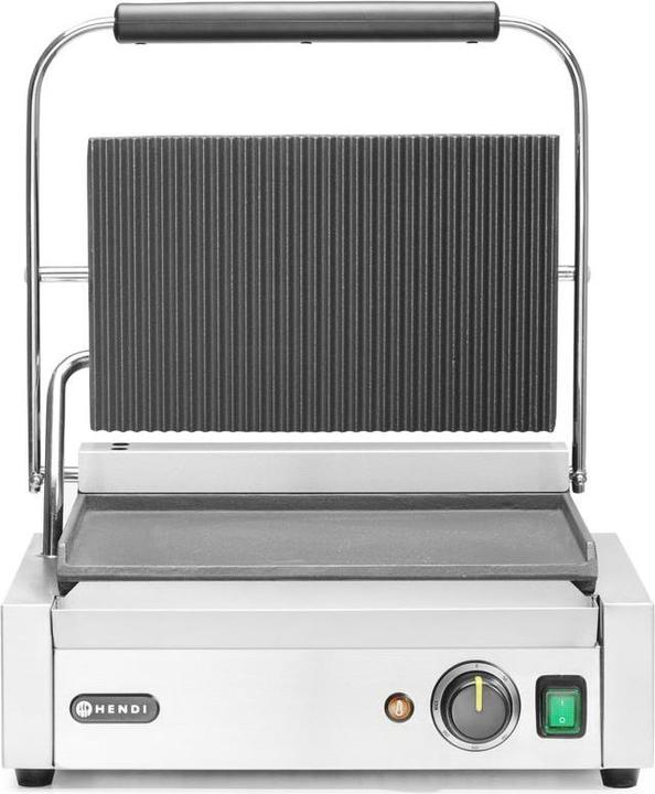 Actual product image Hendi Panini grill, top grooved, bottom smooth