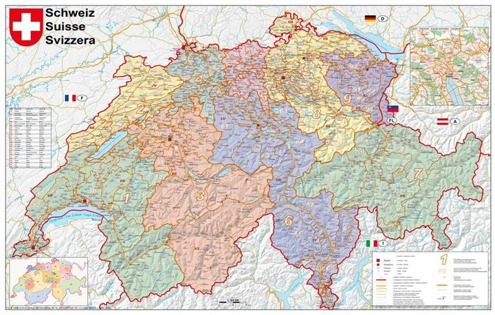 Svizzera Postcodes 1 : 400 000. carta murale poster laminato 400000