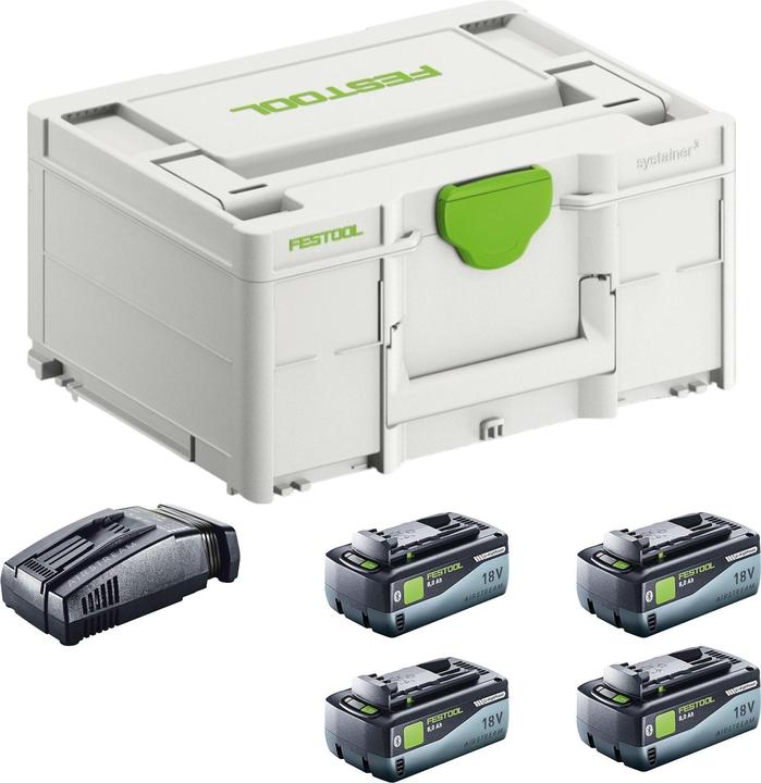 4x Festool HighPower battery pack BP 18 Li 8.0 HP-ASI, 1x Festool SCA 16 quick charger 10.8 V - 18 V, 1x Systainer SYS3 M 187, 1x matching insert