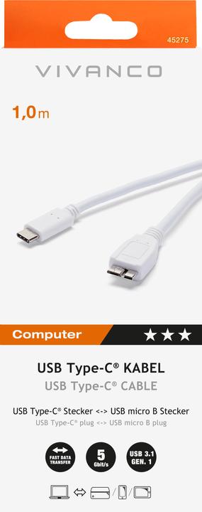Produktbild Vivanco kabelis USB-C – „microUSB 3.0 1m“ (45275) (1 m, USB 3.2 Gen 1)