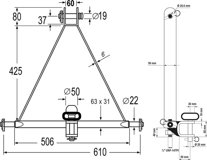 Produktbild Wiltec Ackerschiene 610mm Dreipunktaufhängung Zugmaul Kugelkopf verdrehsicher