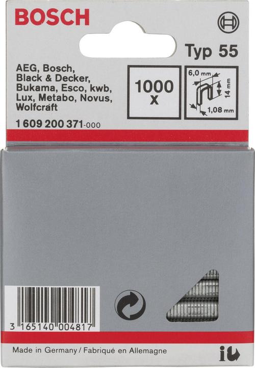 Produktbild Bosch Professional Zubehör Schmalrückenklammer Typ 55, 6 x 1,08 x 14 mm, 1000er-Pack