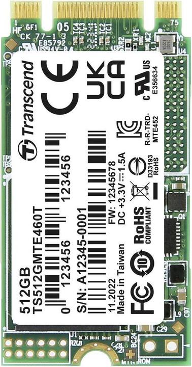 Actual product image Transcend MTE460T 512GB Internal M.2 PCIe NVMe SSD 2242 PCIe NVMe 3.0 x2 Retail TS512GMTE460T (512 GB, M.2)