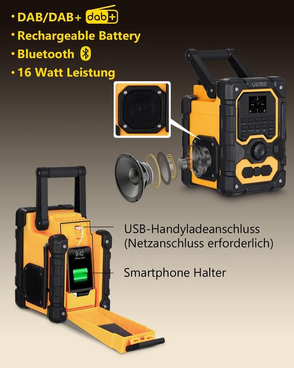Actual product image Ueme Baustellenradio mit Bluetooth und Powerbank (DAB+, FM, Bluetooth)