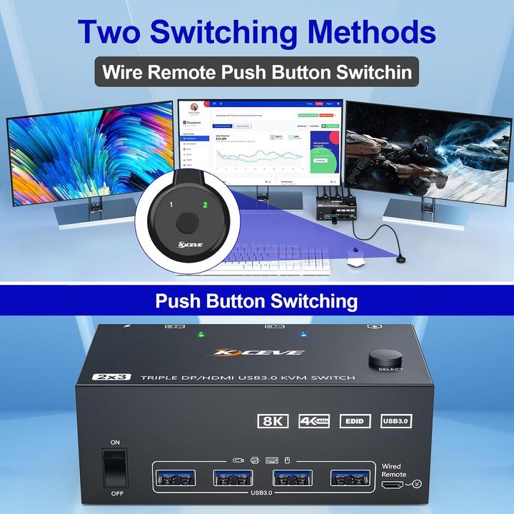 Image du produit Kceve KVM Switch für 2 Computer, 3 Monitore, USB 3.0