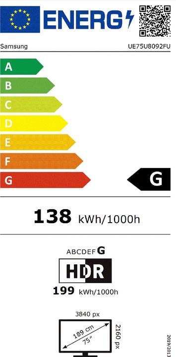 Label énergétique Samsung TV TV LED 75in UE75U8092FUXXH (75", LED, 4K, 2025, EU)