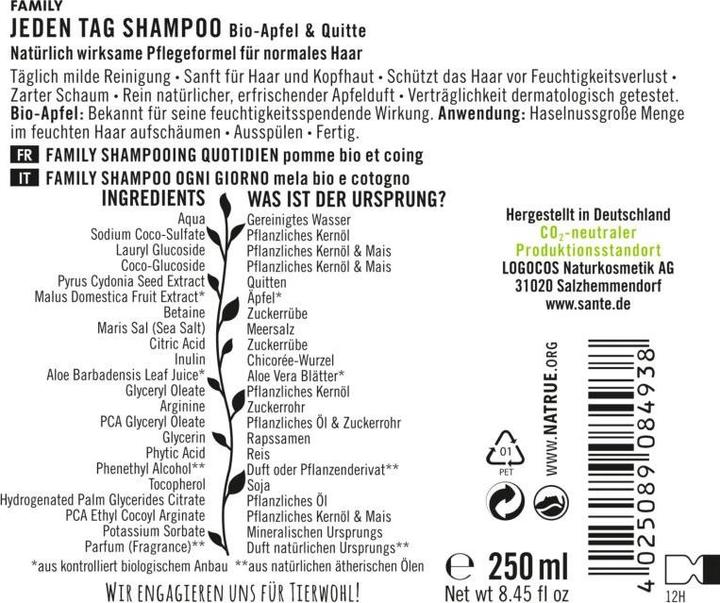 Actual product image Sante Everyday Shampoo Organic Apple & Quince (250 ml, Liquid shampoo)