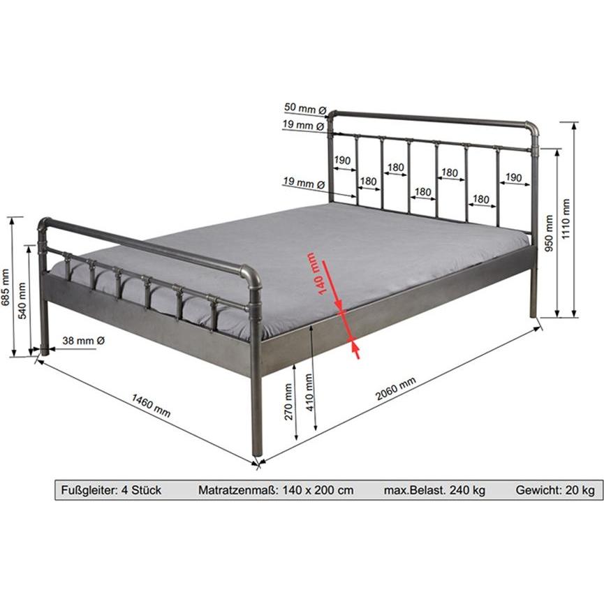Thumbnail - HTI-Living, Bett, Doppelbett Metallgestell im Steampunk Style (140 x 200 cm)