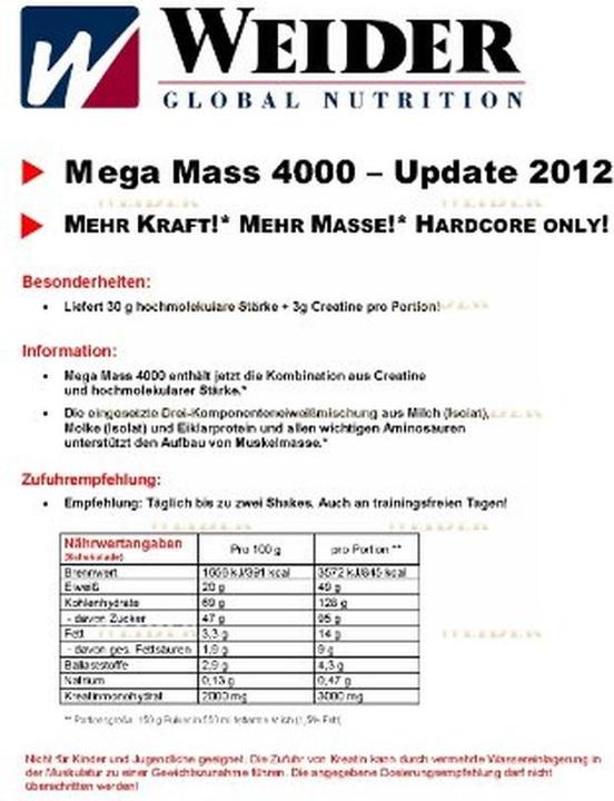 Immagine prodotto Weider Mega Mass 4000 (barattolo da 3000 g) (Fragola, 1 x, 3000 g)