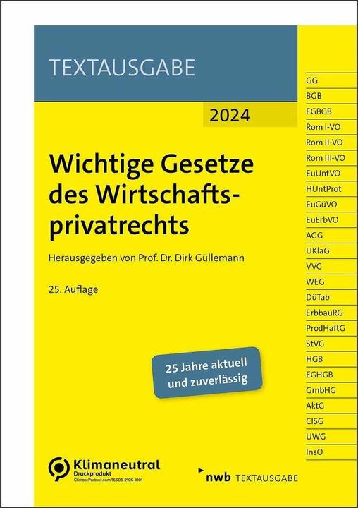 Produktbild Wichtige Gesetze des Wirtschaftsprivatrechts (Deutsch, Dirk Güllemann, Nwb Gesetzesredaktion, 2024)