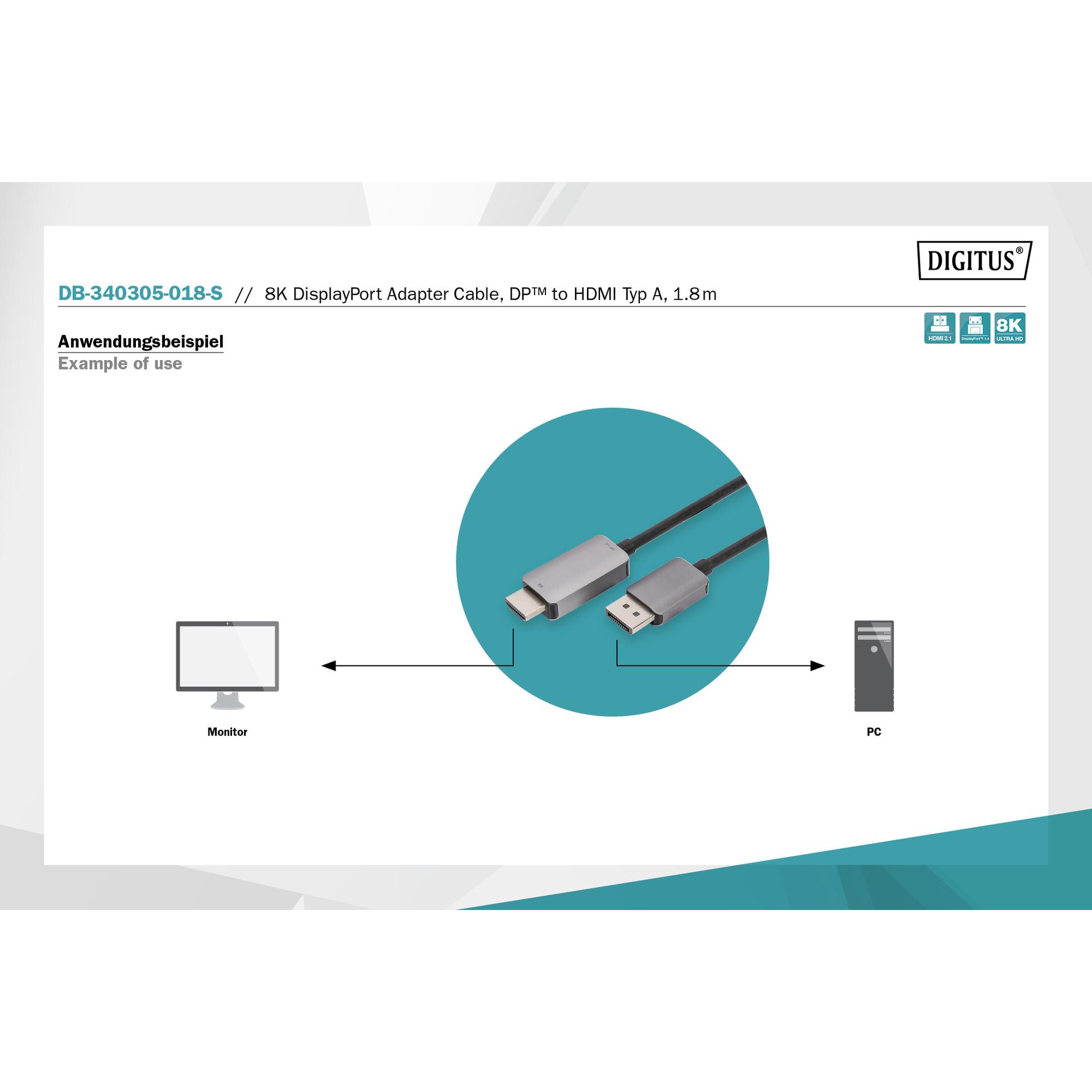 Thumbnail - Digitus DisplayPort – HDMI (1.80 m, DisplayPort, HDMI), Video Kabel