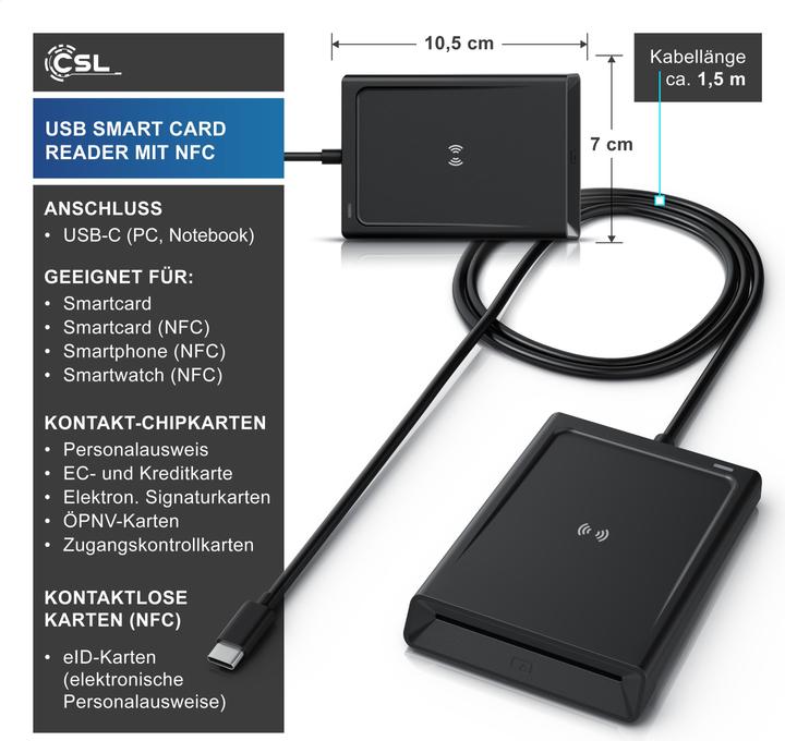 Produktbild CSL Chipkartenleser USB C Smart Card Reader, NFC, SIM Kartenlesegerät, kompatibel mit Mac OS X, Win 11 (USB)