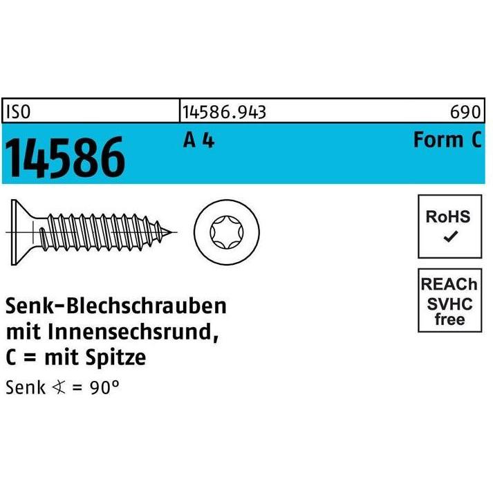 Reyher, Schrauben, Senkblechschraube ISO 14586 m.Innensechsrund/Spitze 3,9 x 9,5 -T15 A 4 (1000 Schrauben pro Stück)