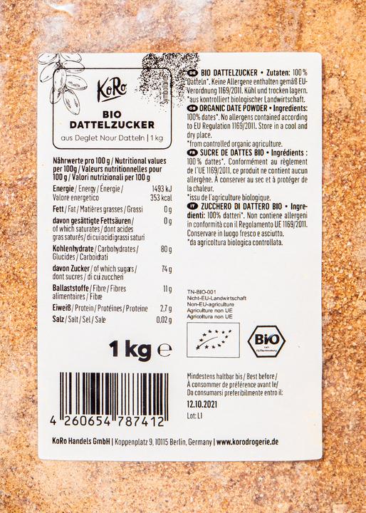 Nährwerte und Zutaten KoRo Bio Dattelzucker aus getrockneten und gemahlenen Deglet Nour Datteln (1000 g)