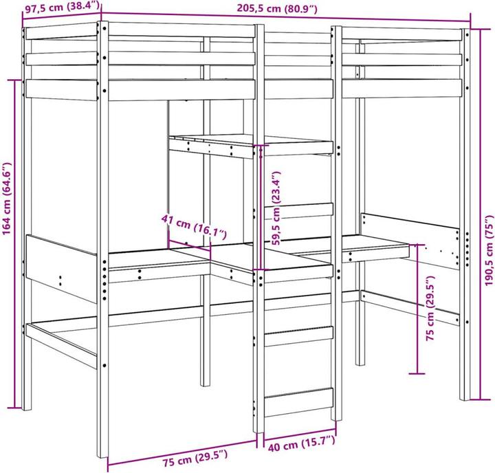 Immagine prodotto vidaXL Letto a soppalco con scrivania e scaffali (90 x 200 cm)