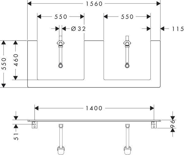 Produktbild hansgrohe Xelu Q Konsole mit 2 Ausschnitten, 1560x550, für Aufsatzwaschtisch 600x480mm, geschliffen