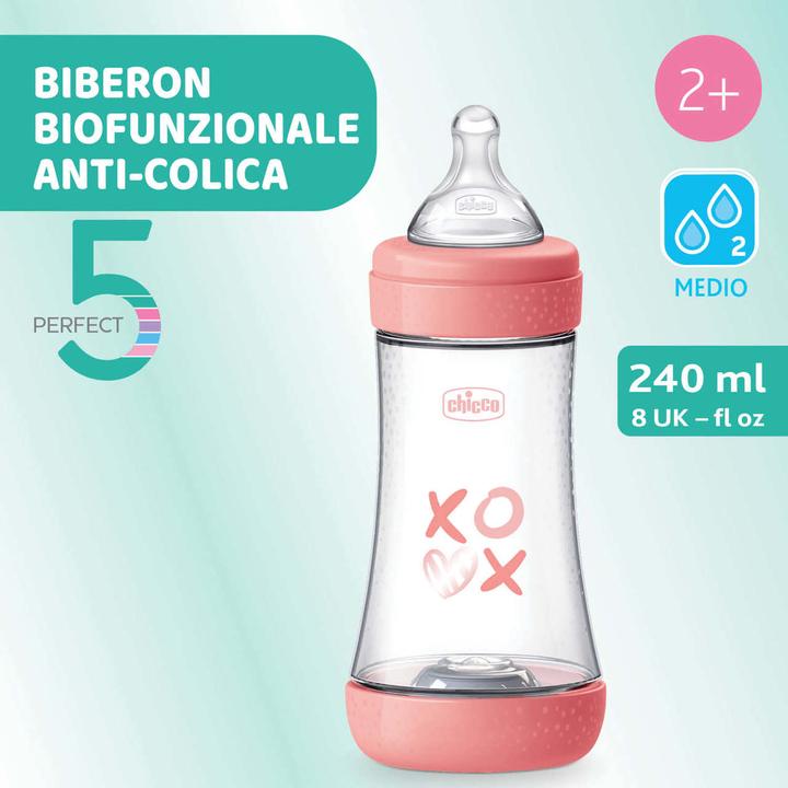Immagine prodotto Chicco Babyfläschchen PERFECT5 PP 240ml Sauger Silikon mittlerer Fluss DRAFT PINK 2m+ (240 ml)